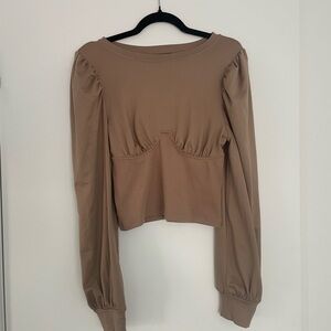 Brown Ruched Crop Blouse with Long Sleeves